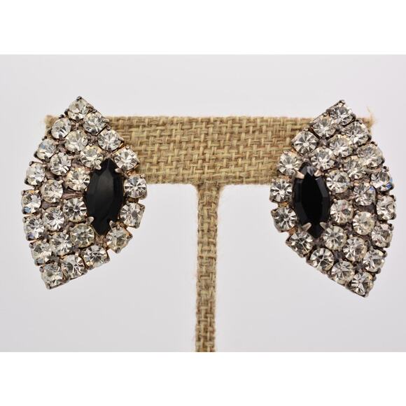 Vintage Crystal Earrings Black Marquise Prong Rhinestone Sparkling 1980s 9D - Picture 1 of 12